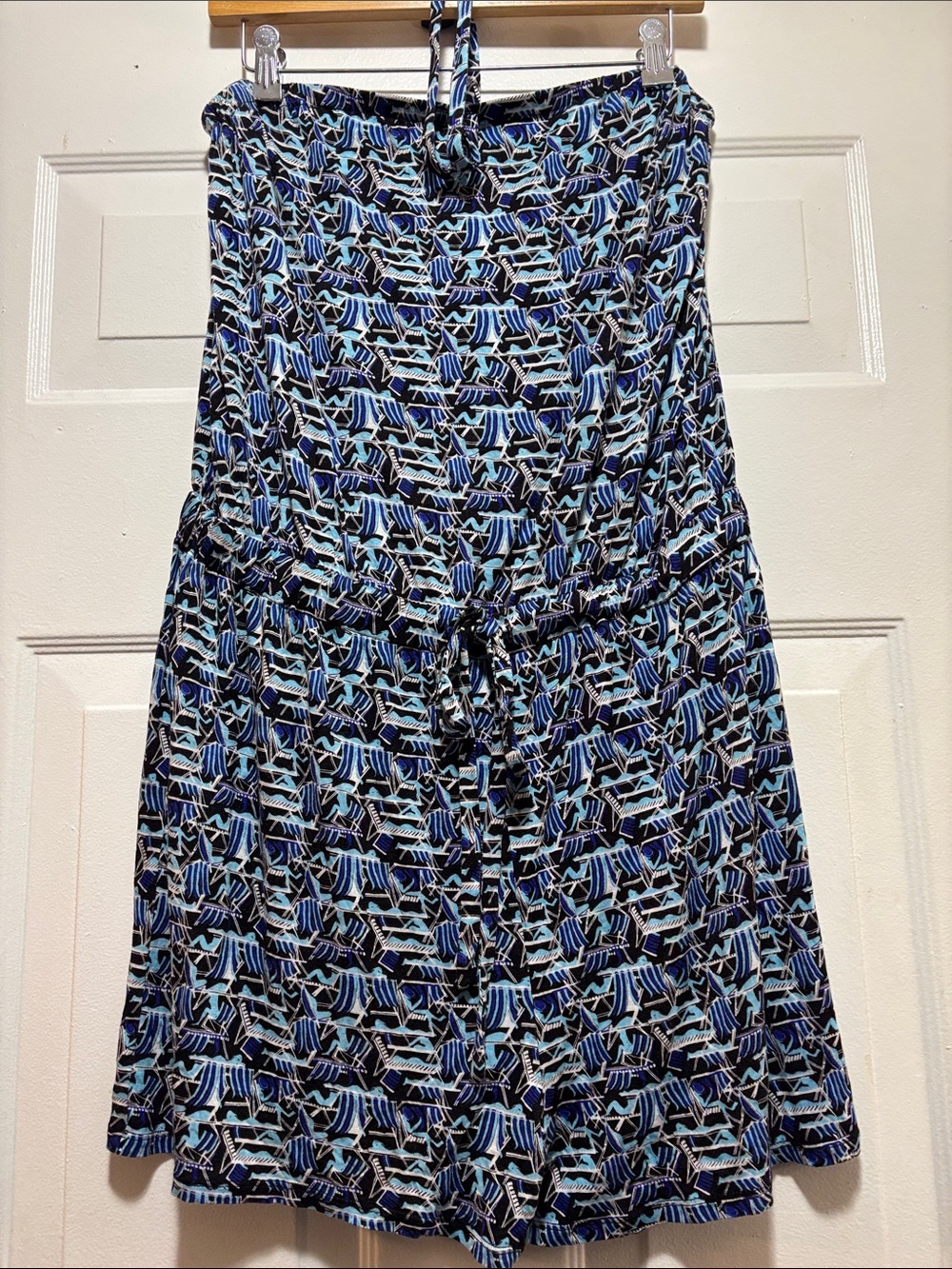 Black and Shades of Blue Patterned Strapless Romper with Tie Waist